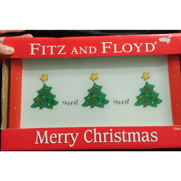 NIB Fitz & Floyd Merry Christmas Tree GLASS TRAY 12.5" X7”Serving Plate Platter - Picture 3 of 7